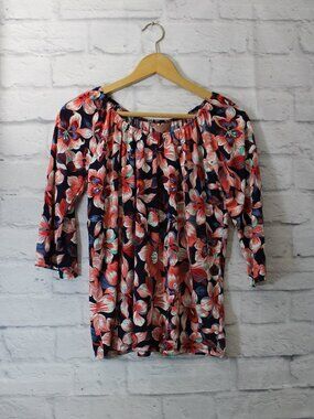 Amana Small Pink Coral Bold Vibrant Floral Round Neck Peasant Blouse